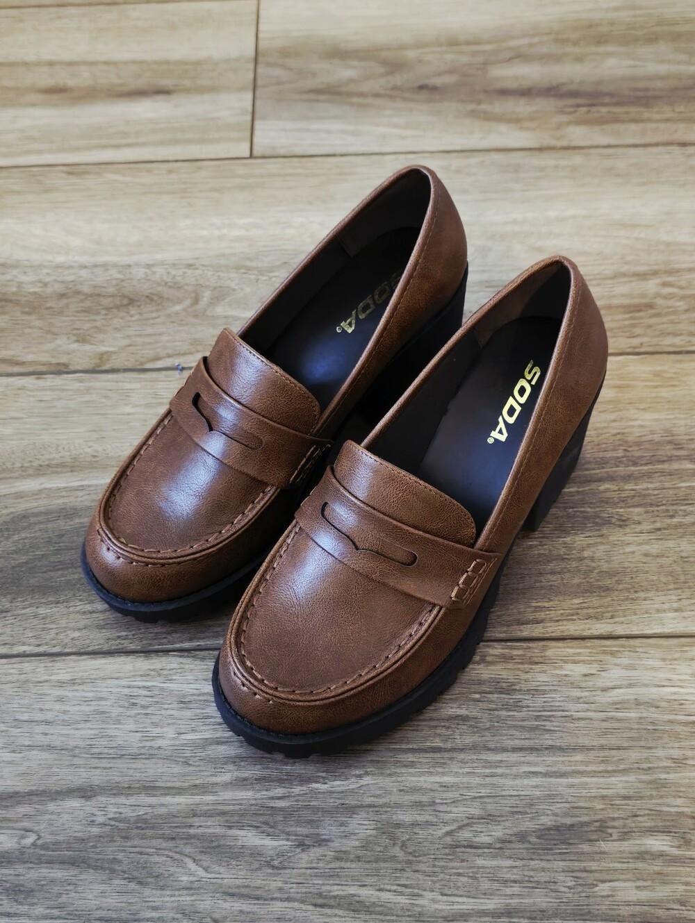 Soda Brown Heeled Penny Loafers - Picture 4 of 5